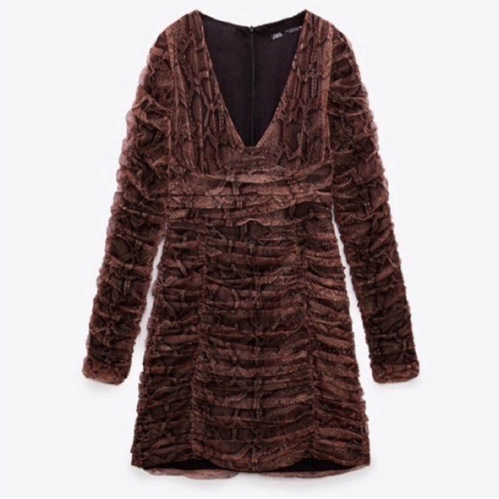 NEW ZARA DRAPED TULLE DRESS  SNAKESKIN PRINT V NECK MINI DRAPED WOMENS